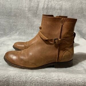 FRYE Melissa Tan Leather Ankle Boots Buckle Strap Zip Moto Biker Women 7.5 B